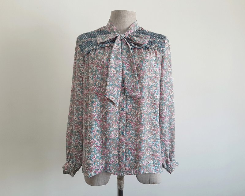 Large Vintage Pink Blue Floral Print Bow Tie Blouse Womens Long Sleeve Top L - 女上衣/長袖上衣 - 聚酯纖維 藍色