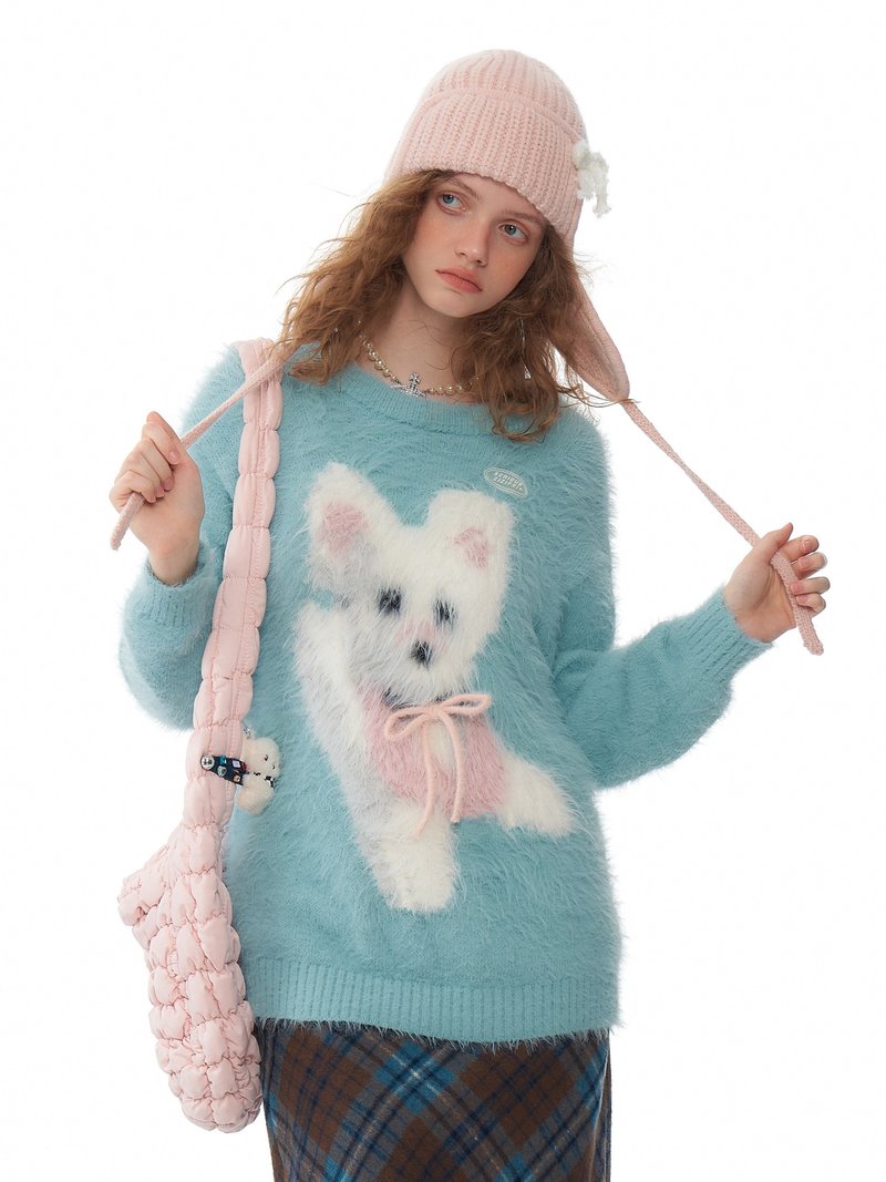 ziziFei autumn and winter American retro design bowknot plush dog soft lazy lake green sweater for women - สเวตเตอร์ผู้หญิง - วัสดุอื่นๆ สีน้ำเงิน