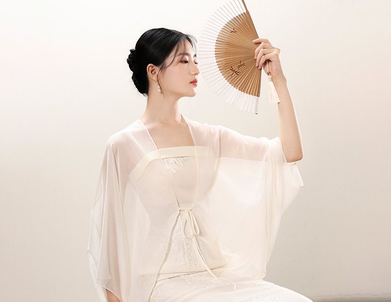 New Chinese style noble temperament white embroidered thin cardigan suspender dress - One Piece Dresses - Silk White