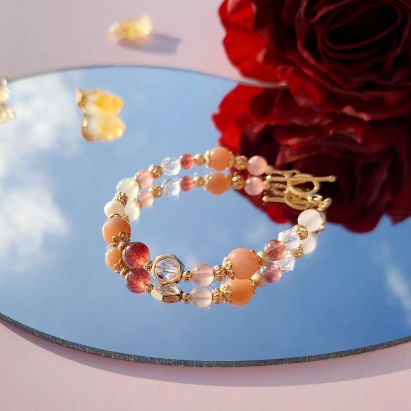 Citrus Raspberry Bubbles. Stone Strawberry Crystal Freshwater Pearl 14K Gold Crystal Ore Bracelet - สร้อยข้อมือ - คริสตัล สีส้ม