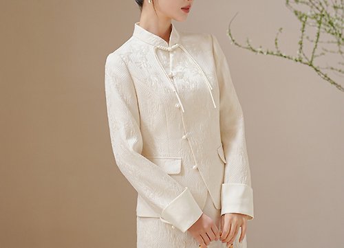 初蟬 中國新中式 白色修身通勤洋裝套裝
