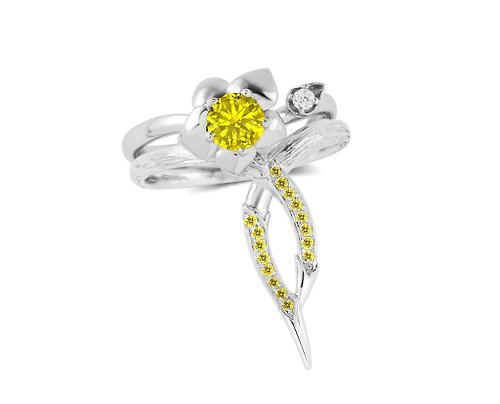 Majade Jewelry Design 黃寶石14k鑽石訂婚結婚戒指套裝 花卉白金戒指組合 蘭花藤蔓戒指