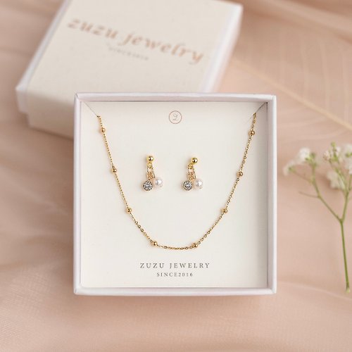 Zuzu Jewelry 母親節禮盒 珍珠小圓鑽 925純銀鍍18k金 耳環項鍊禮盒
