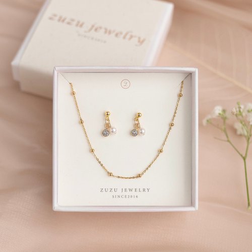 Zuzu Jewelry 珍珠小圓鑽 925純銀鍍18k金 耳環項鍊禮盒