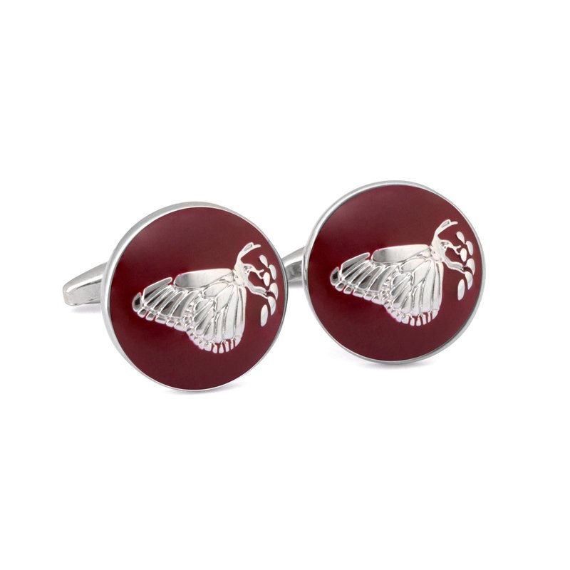 Round Cufflink with Silver Butterfly Print - 袖扣 - 琺瑯 銀色