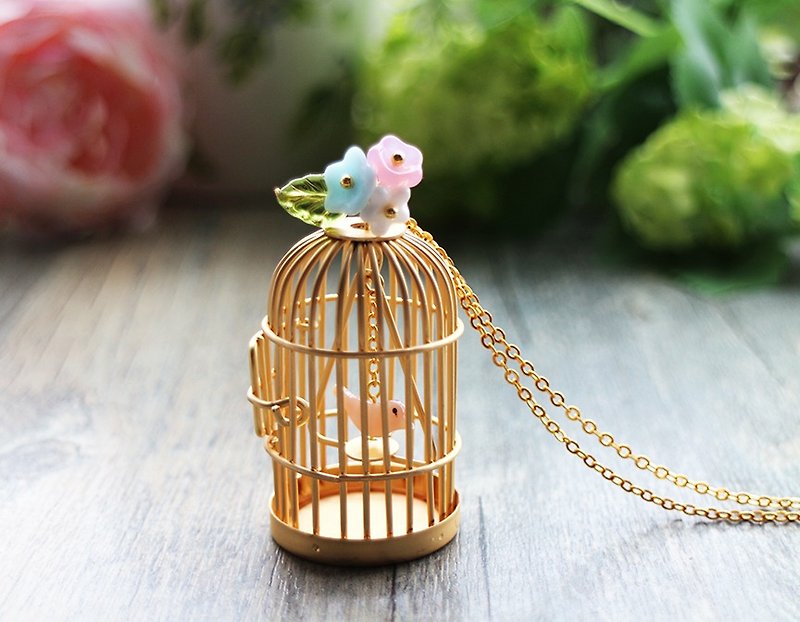 Golden birdcage necklace - Necklaces - Other Metals Yellow