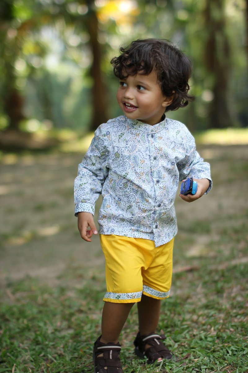 Toddler boy mandarin collar shirt and yellow shorts