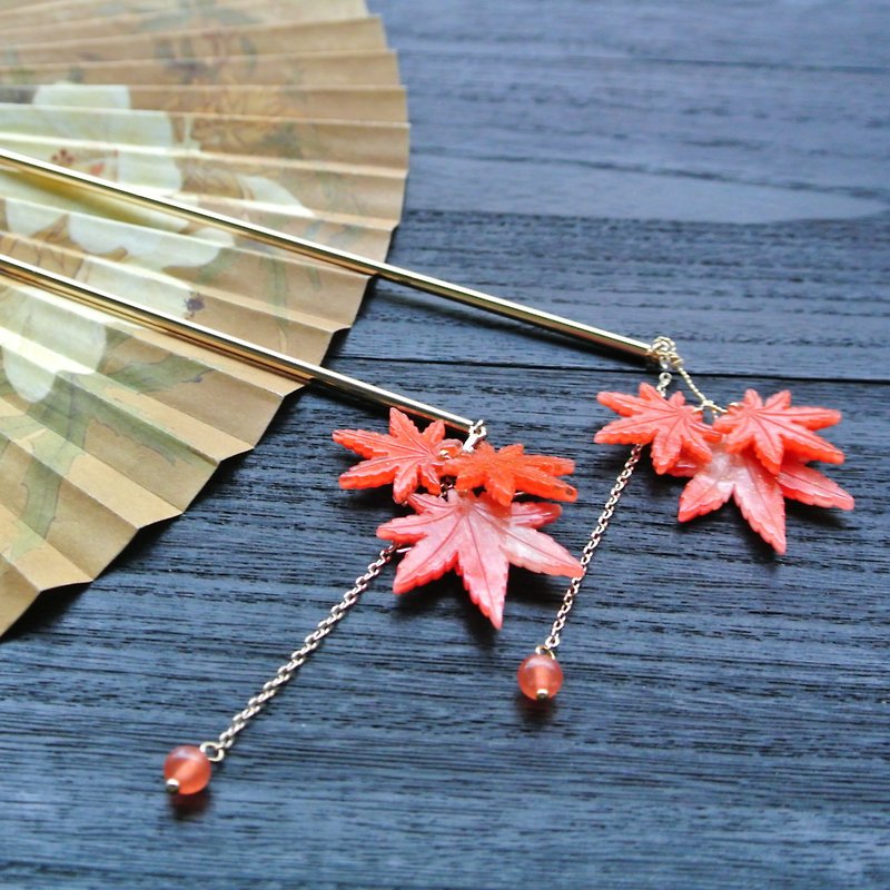 Autumn solstice hairpin (maple leaf) - can be used as a new hairpin - Hair Accessories - Copper & Brass Red