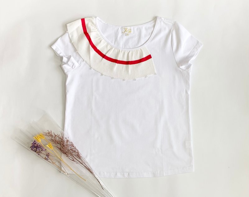 白いネックラインと蓮の葉の半袖トップス - Tシャツ - コットン・麻 