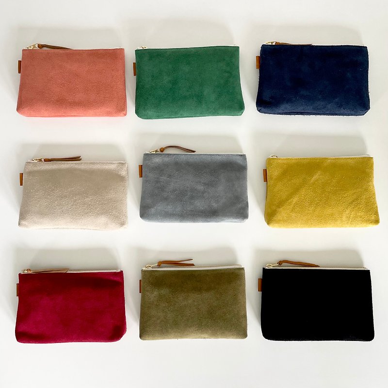 Multi-purpose pouch made of cowhide velour and oiled tanned leather [9 colors available] - กระเป๋าเครื่องสำอาง - หนังแท้ สีเหลือง