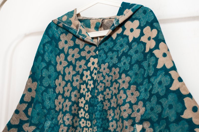 Indian ethnic style fringed cloak/Bohemian cloak shawl/wool hooded cloak- Teal flowers - Knit Scarves & Wraps - Wool Blue