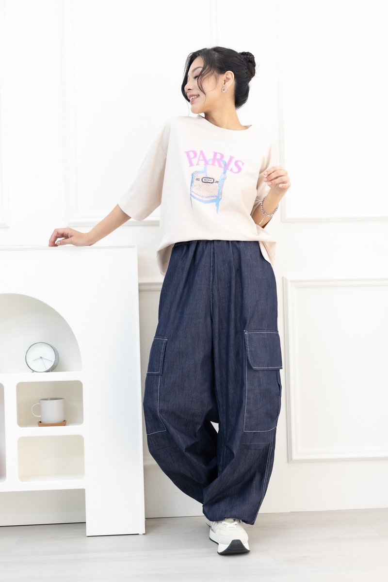 粉字paris貴妃椅短袖上衣 米色 - 女 T 恤 - 其他材質 白色