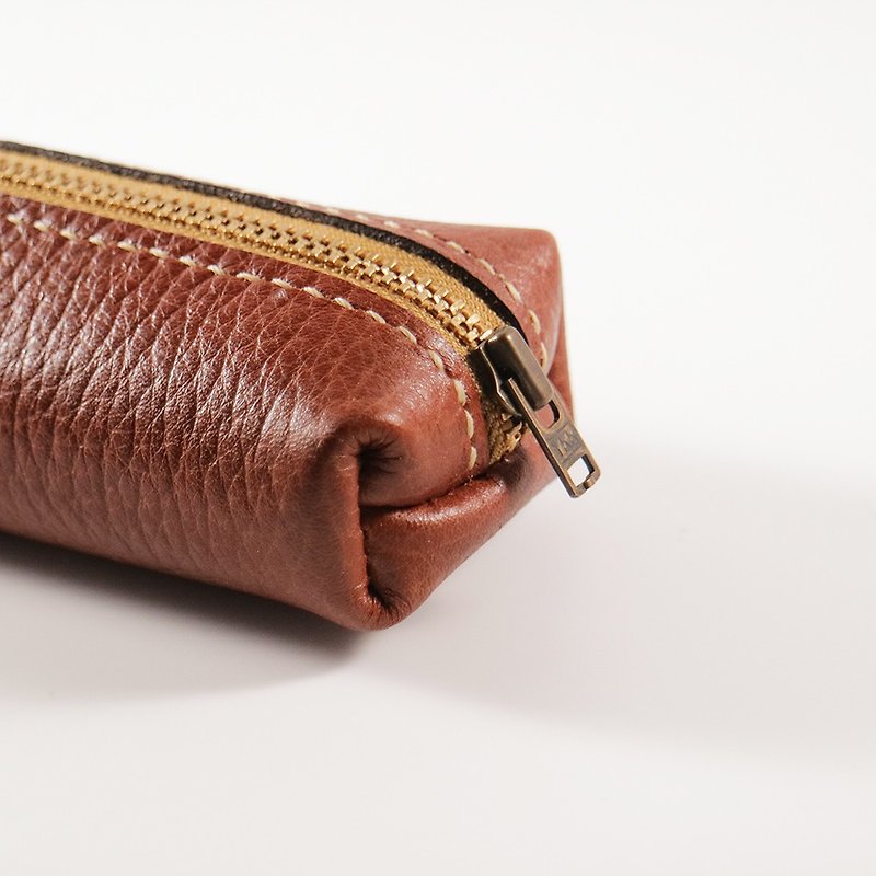Classic leather pencil case/storage bag - large lychee pattern + reddish brown - Pencil Cases - Genuine Leather Brown