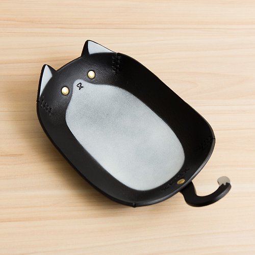 MSBR Leather 皮件工作室 手繪皮革收納置物盤(長版-賓士貓)