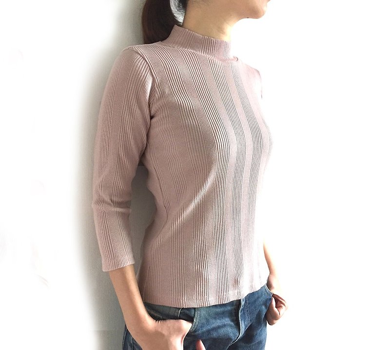 Adult multi-rib cut stick adhering to shape  High-neck  PINK BEIGE 【Size development available】 - Women's T-Shirts - Cotton & Hemp Pink