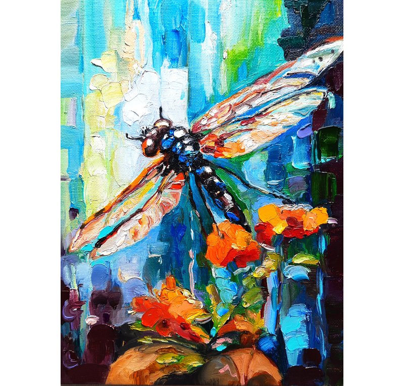 原創畫 Dragonfly Painting  Original Art  Oil Painting  Oil On Cardboard - ตกแต่งผนัง - วัสดุอื่นๆ สีน้ำเงิน