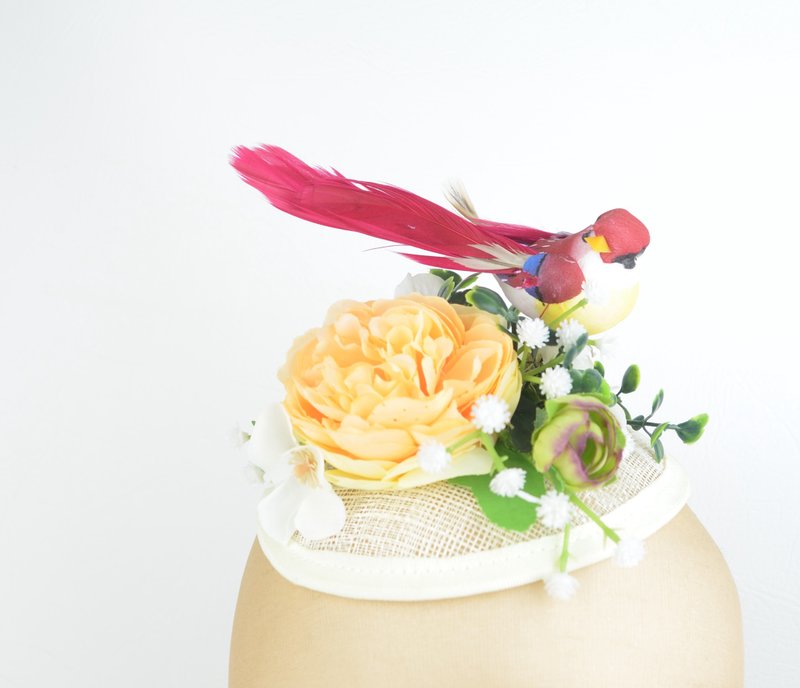 Headpiece Fascinator Cocktail Hat with Feathered Bird in Red Fairy Woodland - เครื่องประดับผม - วัสดุอื่นๆ สีส้ม