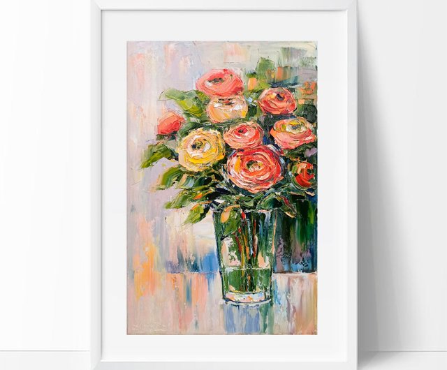バラ油絵オリジナルフラワーアートワークStillLifeWall Art by Anna