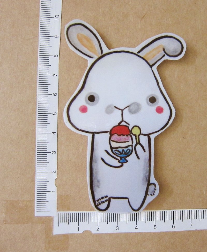 Hand-painted illustration style completely waterproof sticker gray little rabbit eating shaved ice - Stickers - Waterproof Material Gray