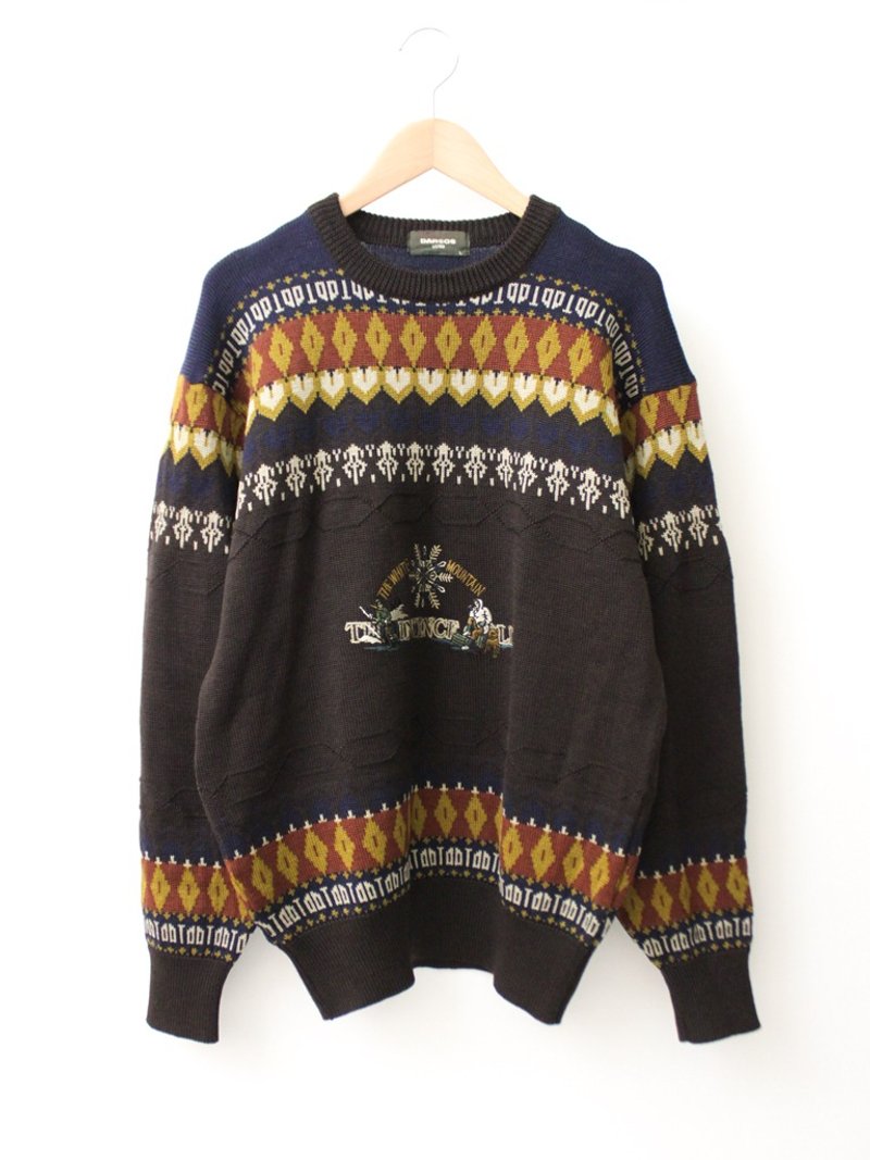 [RE1204SW032] Nippon Nordic totem coffee blue vintage loose wool sweater - สเวตเตอร์ผู้หญิง - ขนแกะ สีนำ้ตาล