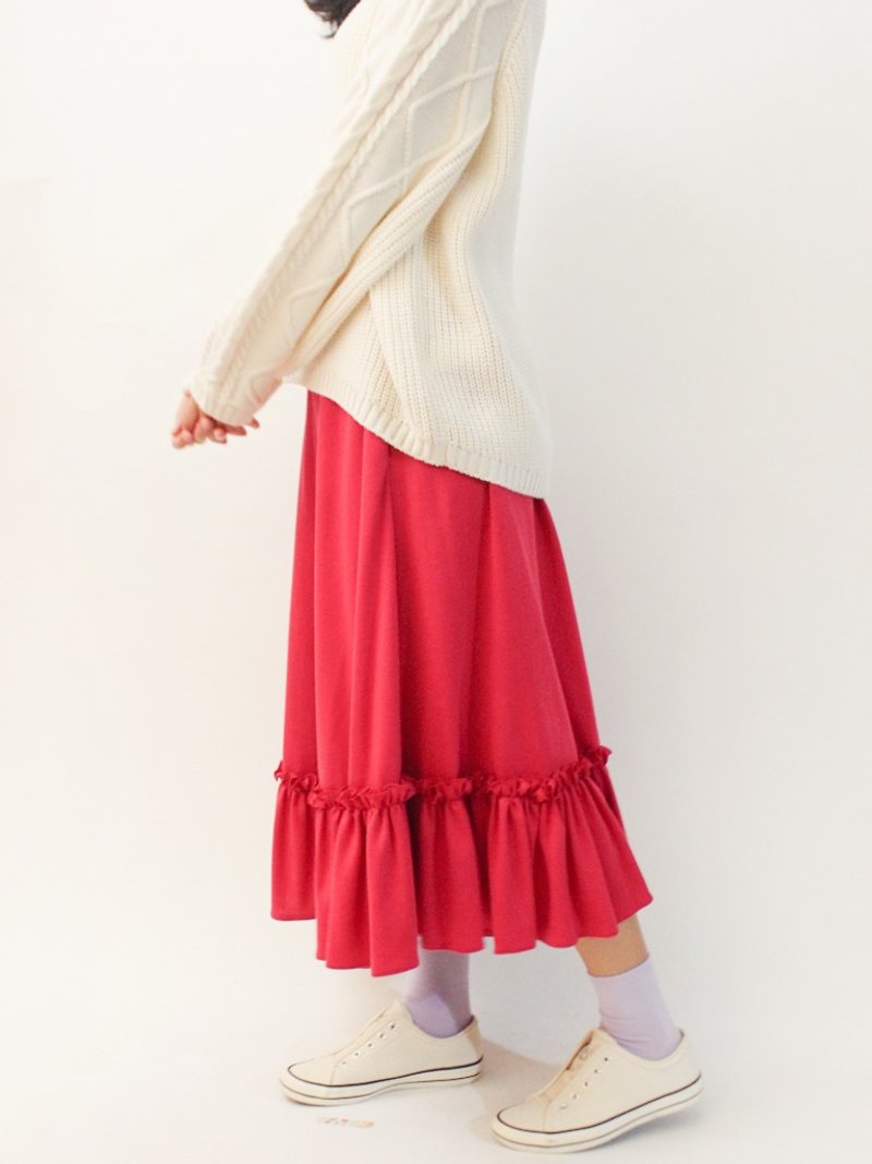 復古歐洲鄉村民族風可愛桃紅色古著長裙 - 裙子/長裙 - 聚酯纖維 紅色