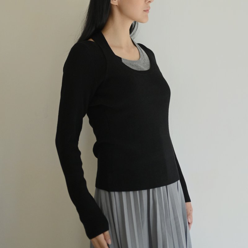 掛脖拼色針織上衣-30%羊毛-黑色 - 女上衣/長袖上衣 - 聚酯纖維 黑色