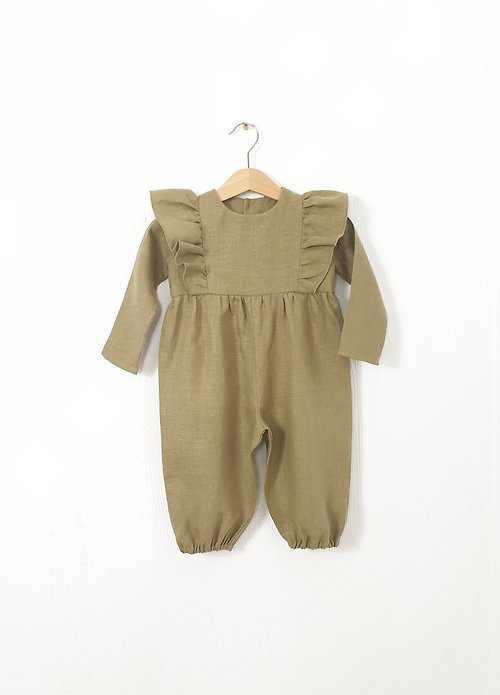 8 a.m.Apparel Natural linen ruffle romper with long sleeve, boho romper for baby girl
