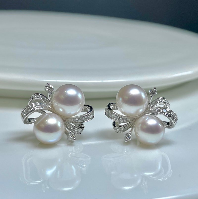 富錦鑽石akoya天然珍珠海水珍珠雙珠18k金耳釘18k金珍珠耳環 - 耳環/耳夾/耳骨夾 - 珍珠 銀色