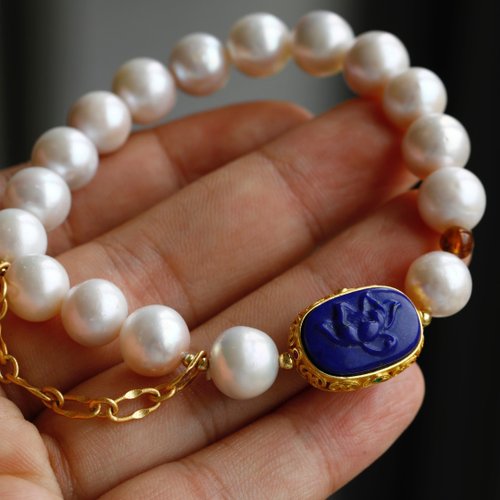 Angel's tears 天使之淚 Jewelry Design 天然原色無加色淡水珍珠 青金石蓮花牌 碧璽設計單圈手串s