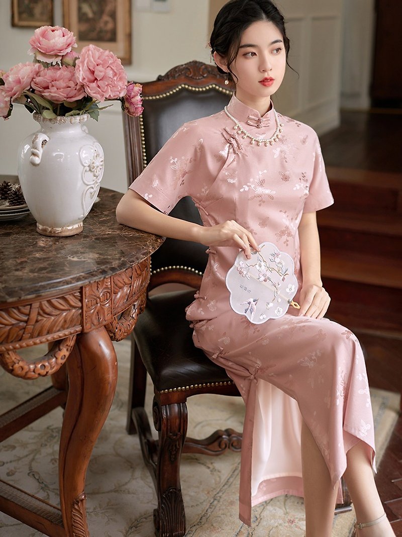 Lotus pink peach yao simulation silk jacquard cardigan satin cheongsam retro improved new Chinese style dress - Qipao - Polyester Pink