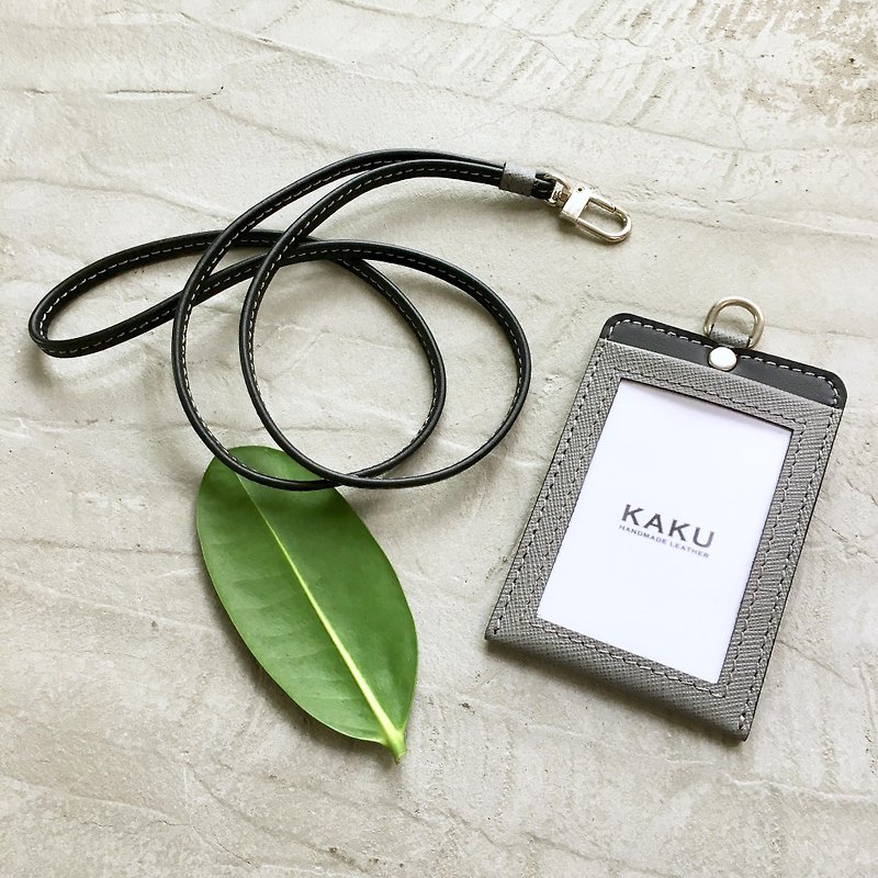 KAKU leather design custom identification card holder leisure card holder document holder gray cross pattern - ที่ใส่บัตรคล้องคอ - หนังแท้ สีเทา