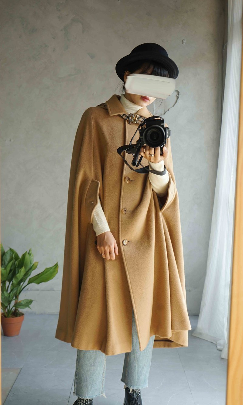 宝探しヴィンテージ - DAKS クラシックキャメルチェック柄ウールポンチョ - ジャケット - ウール カーキ