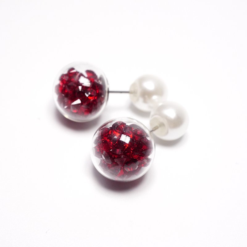 A Handmade red crystal glass ball with pearl front and back earrings - Earrings & Clip-ons - Glass 