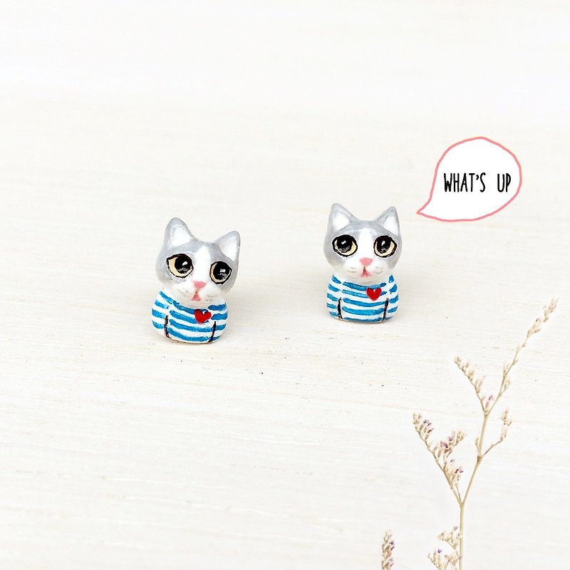 Cool cat wearing blue striped shirt earrings, Cat Stud Earrings, cat lover gifts - 耳環/耳夾 - 黏土 多色
