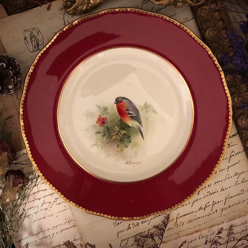 CT歐美老件古董雜貨舖 Royal Worcester 頂尖畫師E. Townsend手繪紅腹灰雀紅釉瓷盤