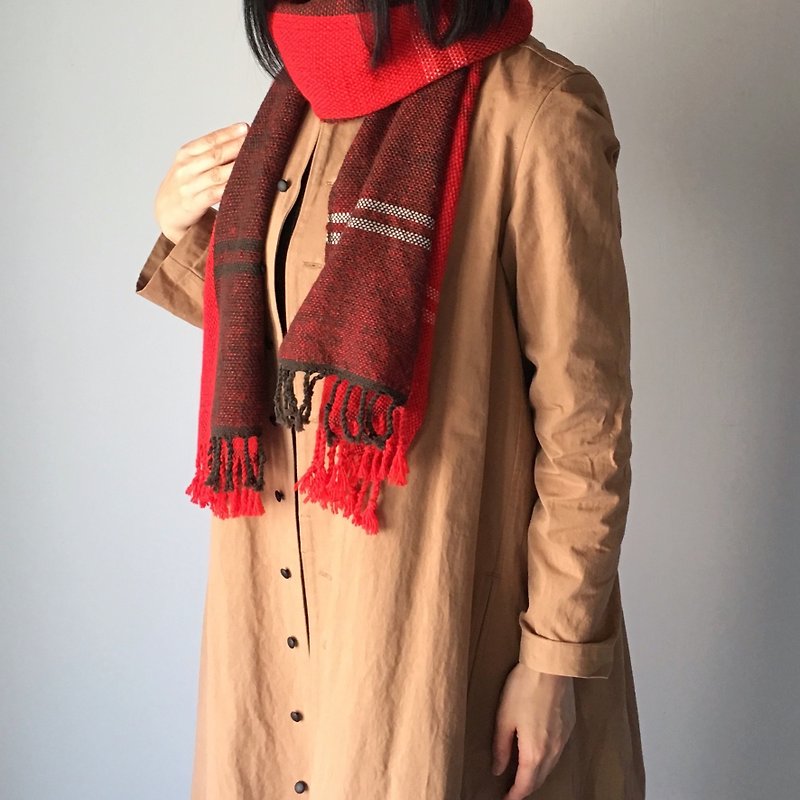 ユニセックス・手織りマフラー Brown and Red Mix - 圍巾/披肩 - 羊毛 紅色