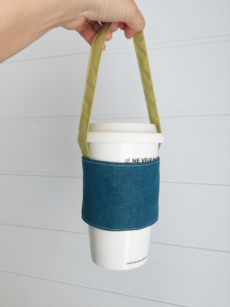 hairmo simple denim eco-friendly coffee cup set/hand cup/beverage cup set (simple version) - ถุงใส่กระติกนำ้ - ผ้าฝ้าย/ผ้าลินิน สีน้ำเงิน
