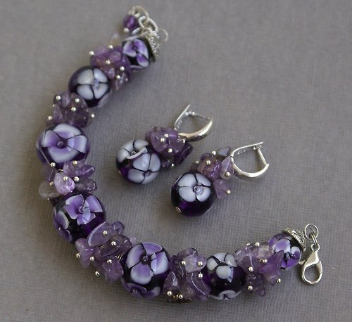 InnaKirkevichLampwork Lampwork purple bracelet and earrings, glass earrings, glass artisan bracelet