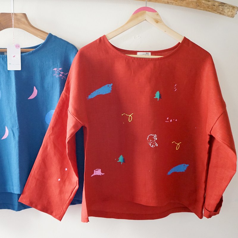 The new pattern red bubble, forest trees handmade cotton Linen silk print blouse puppy - Women's Tops - Cotton & Hemp Red