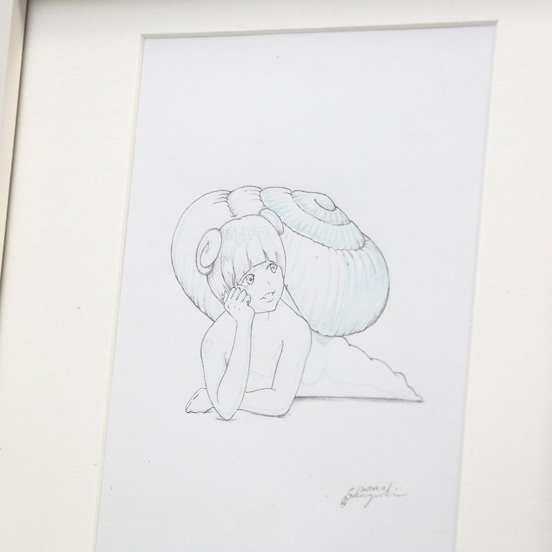 Original pencil drawing/ Snail girl Maimai on the window side 2017.04.10 (Framed) - โปสเตอร์ - กระดาษ ขาว