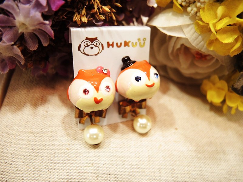 §HUKUROU§ owl bow earrings (white) - Earrings & Clip-ons - Other Metals 