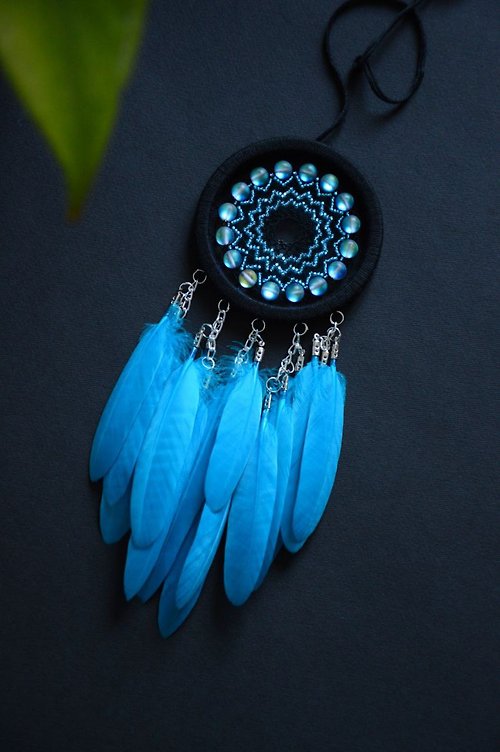 VIDADREAMS Black blue dream catcher with opal glass beads / Small car view mirror hanger