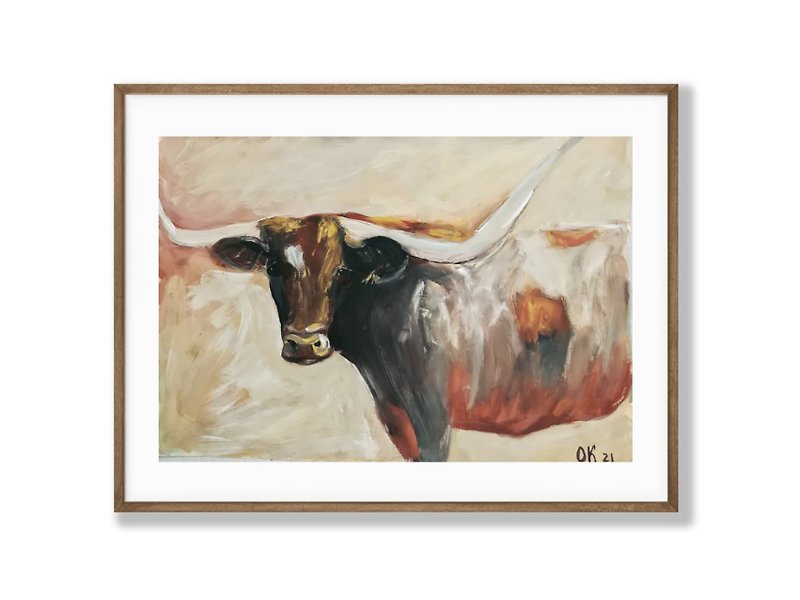 手工動物繪畫 - 德克薩斯長角牛牛繪畫小屋禮物的想法 - 海報/掛畫/掛布 - 紙 咖啡色
