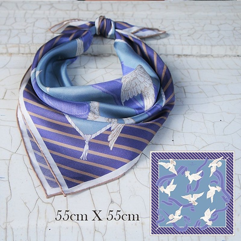 GT ribbon flying pigeon side scarf - Scarves - Silk Blue