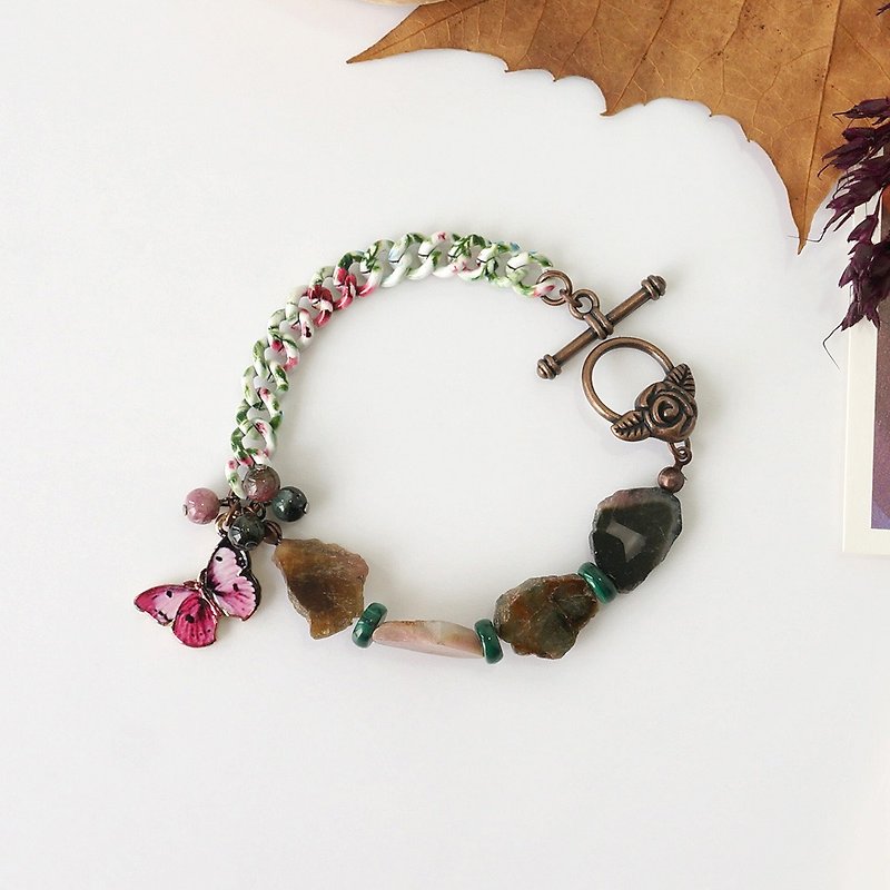 Natural Tourmaline Raw Stone Bracelet with Butterfly Charm, October Birthstone - Bracelets - Stone Brown