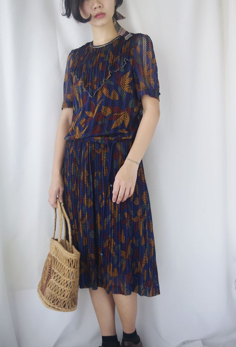 4.5studio-尋寶古著-壓摺簍空兩件式復古洋裝 - 連身裙 - 聚酯纖維 藍色