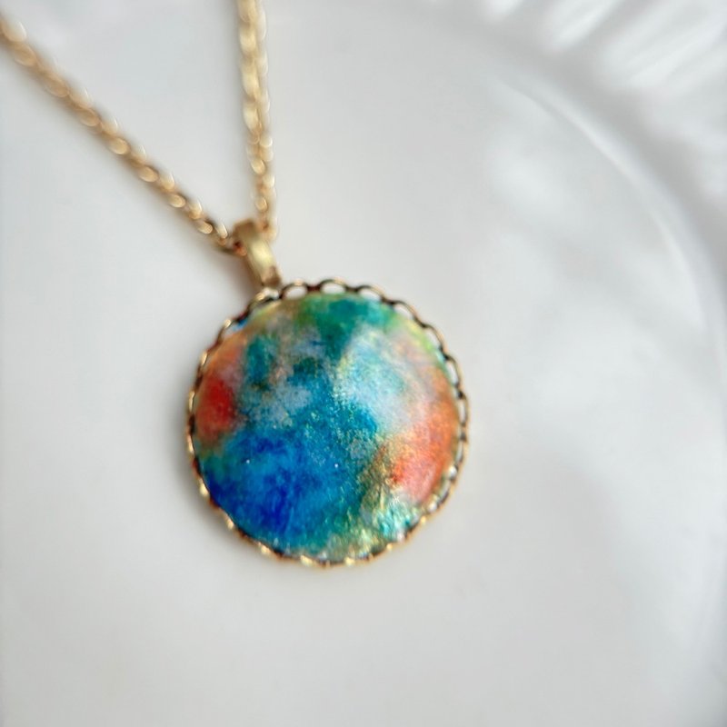 Mini picture frame-imitation opal enamel painting necklace-blue and orange style/ Bronze/ Gemstone - Necklaces - Other Metals Multicolor