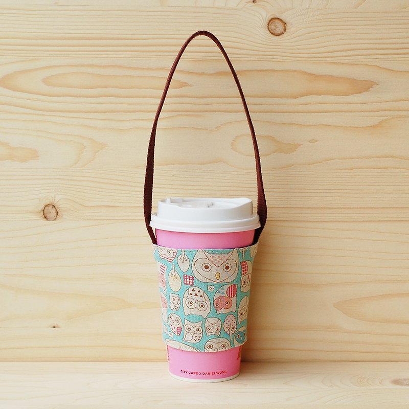 Owl illustration beverage bag/cup set - ถุงใส่กระติกนำ้ - ผ้าฝ้าย/ผ้าลินิน สีน้ำเงิน