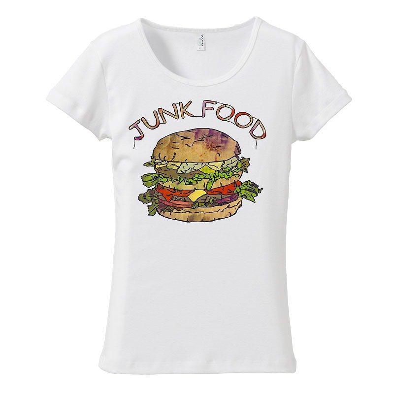 [Women's T-shirt] Hamburger - เสื้อยืดผู้หญิง - ผ้าฝ้าย/ผ้าลินิน ขาว
