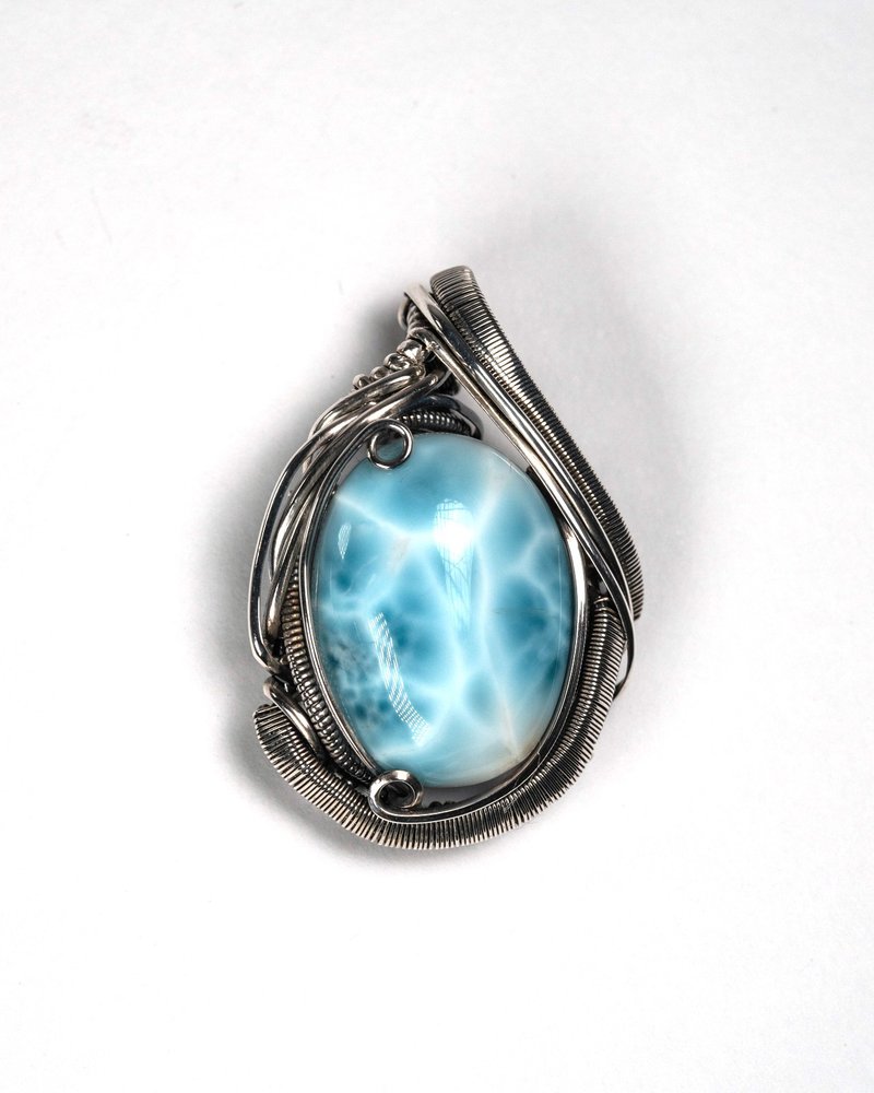 【Wrap Around Studio】S925 Wire Wrapping | Larimar Pendant Necklace - Necklaces - Sterling Silver Multicolor